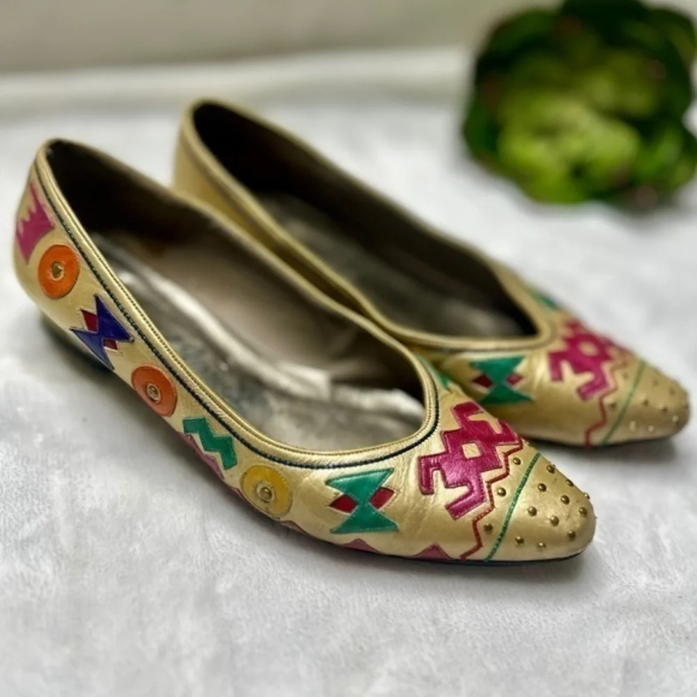 Margaret Jerrold Vintage 80s Leather Flats Aztec Southwestern Print Womens 6.5